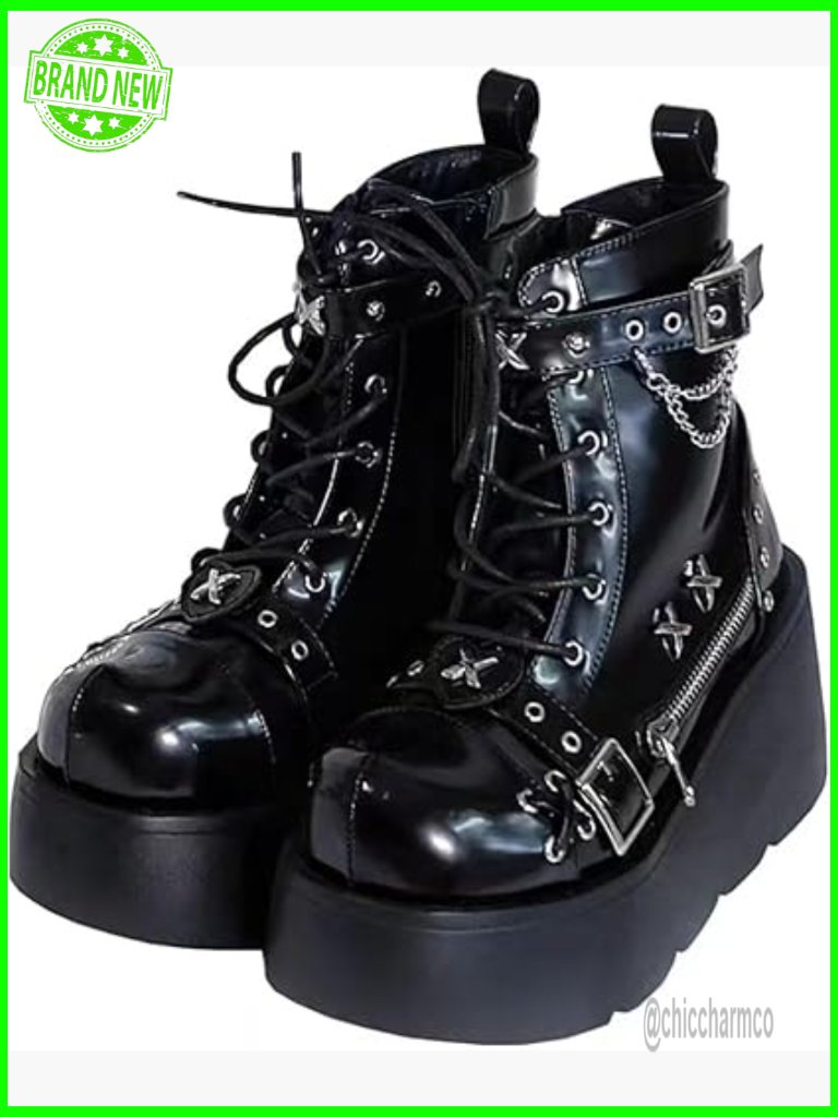 Goth Platform Ankle Boots With Bat Wing Buckles Chunky Block Heels Round Toe